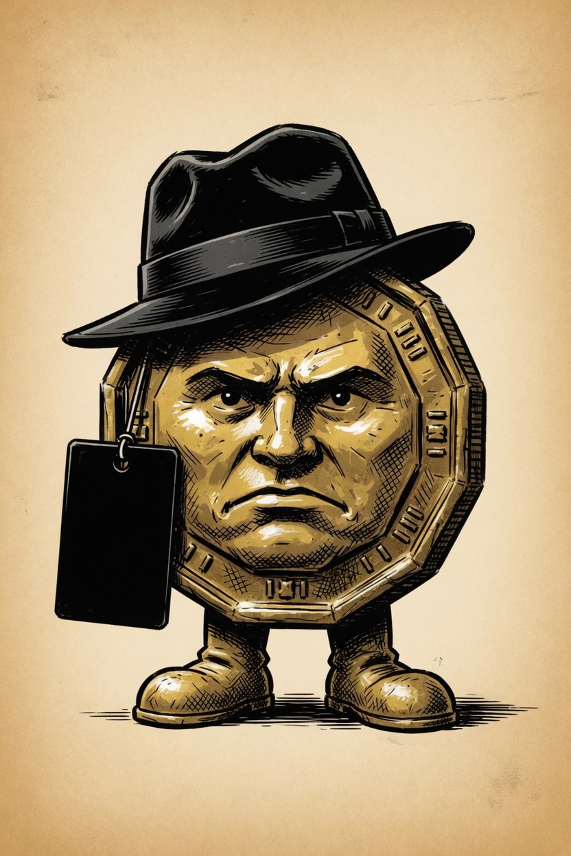 Agent BNB, a stern gold coin in a black fedora and gold boots, with a blank black press card.