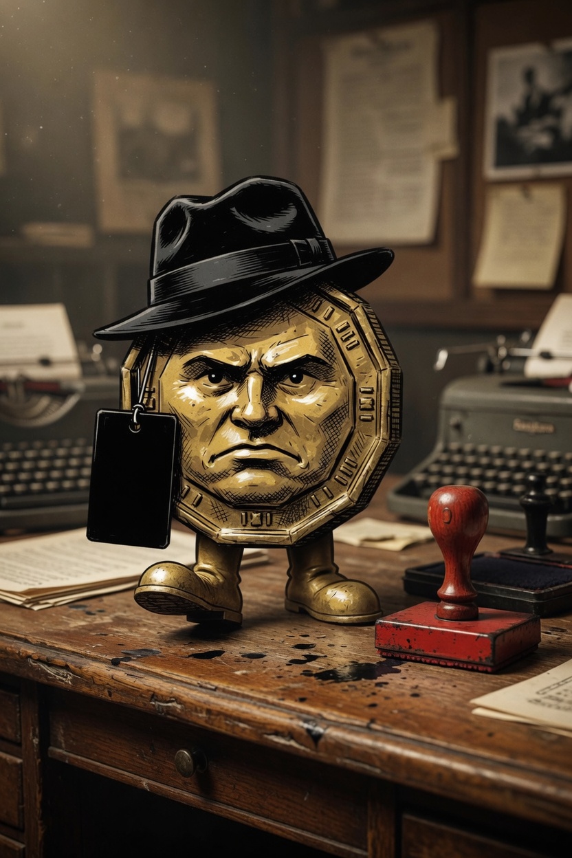 Agent BNB standing on a wooden newsroom desk beside a red rubber stamp and a typewriter.