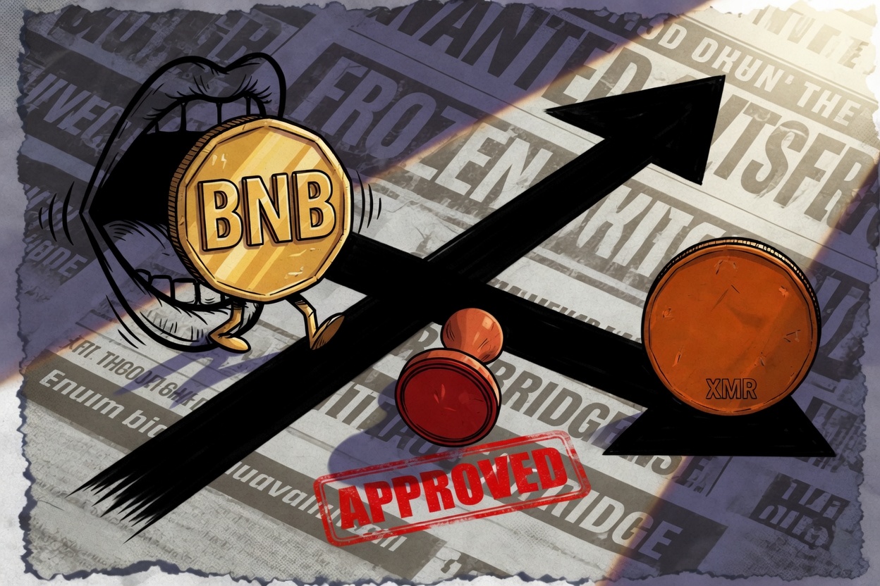 A gold coin marked BNB walks out of a mouth onto a black arrow. An orange coin marked XMR sits at the far end. A red stamp reads APPROVED. The newspaper behind them is in English: WANTED, FROZEN, THEFT, BRIDGE.