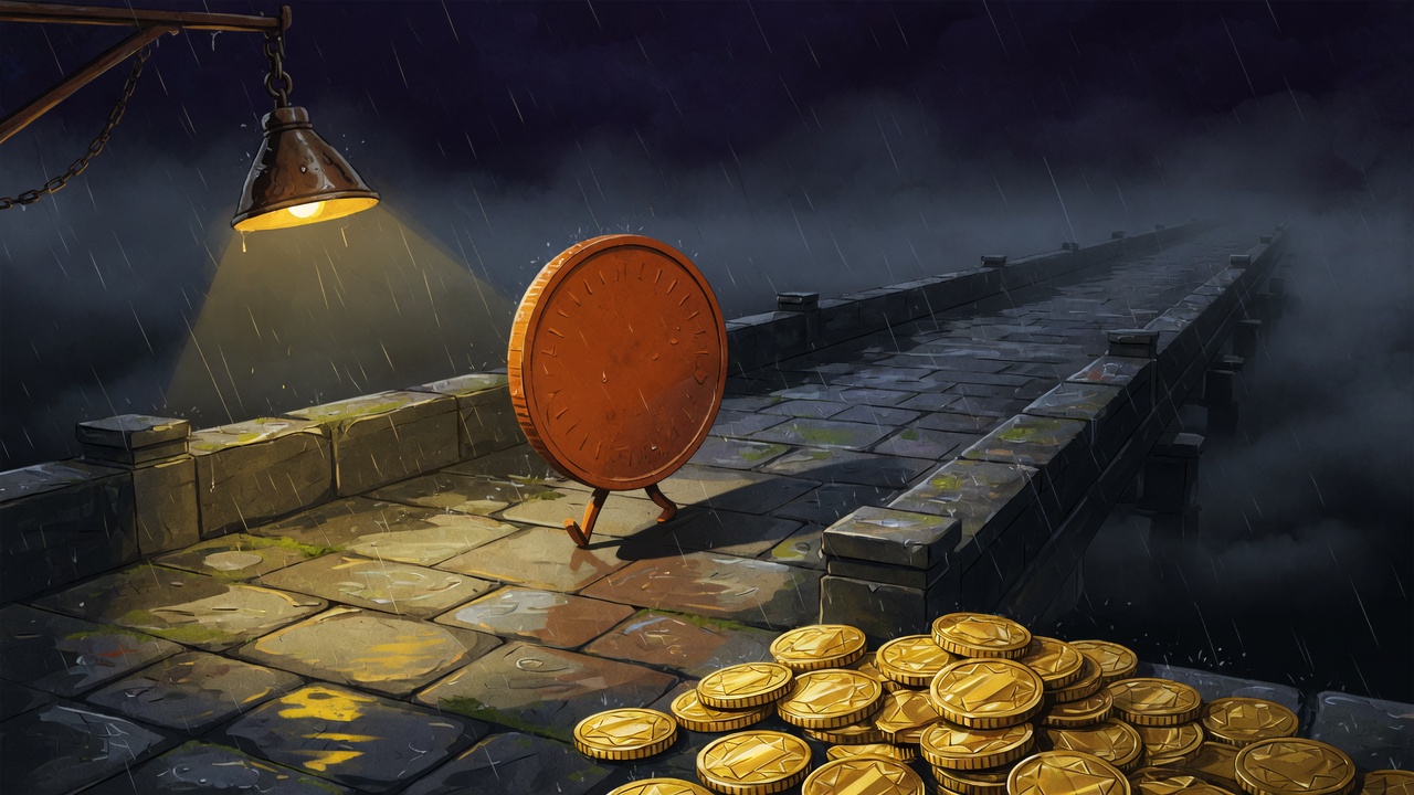 A dark orange coin walks away across a wet stone bridge at night. Gold coins stay piled under a lamp on the near bank. The far end of the bridge disappears into fog.