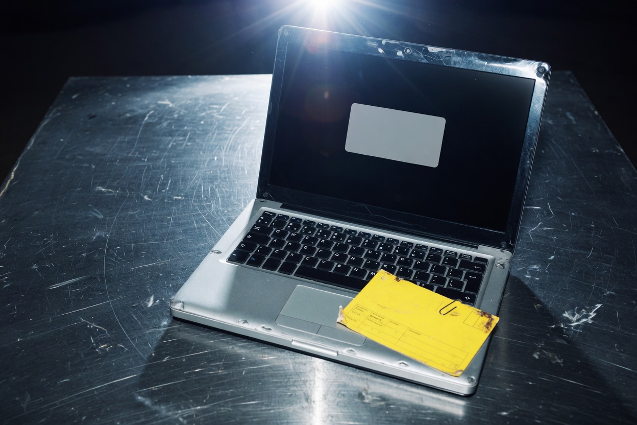An open laptop on a scratched steel table under a hard flash, with a blank yellow evidence card.