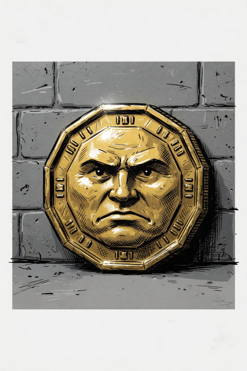 Mugshot of a heavy gold coin with a stern face against a cinder-block wall.