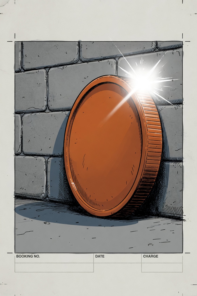 Mugshot of a dark orange coin turned away, face hidden, against a cinder-block wall.